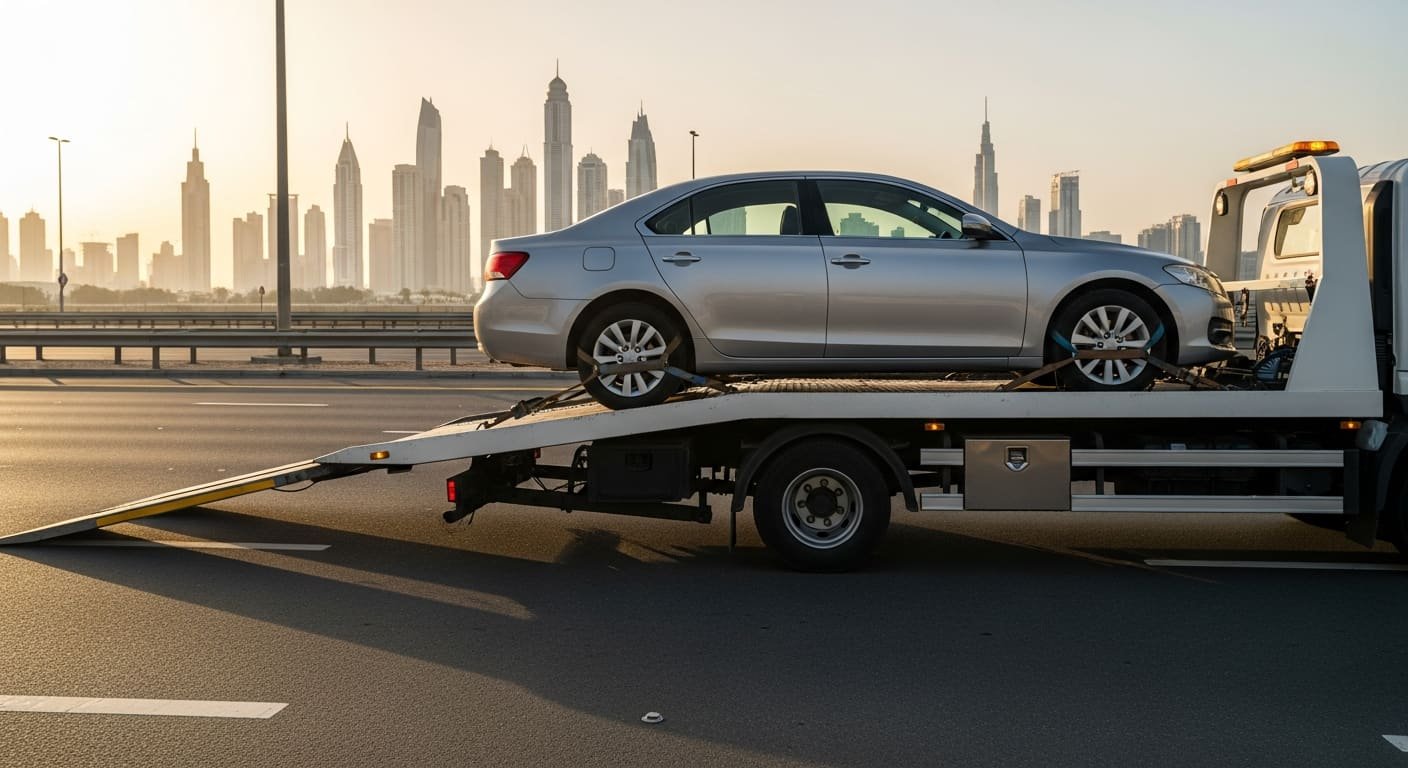 KPK recovery truck transporting a car in Dubai